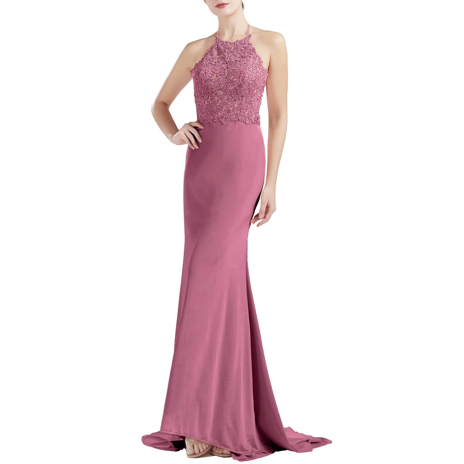 MACloth Women Sleeveless Halter Jersey Mermaid Long Prom Party Dresses Evening