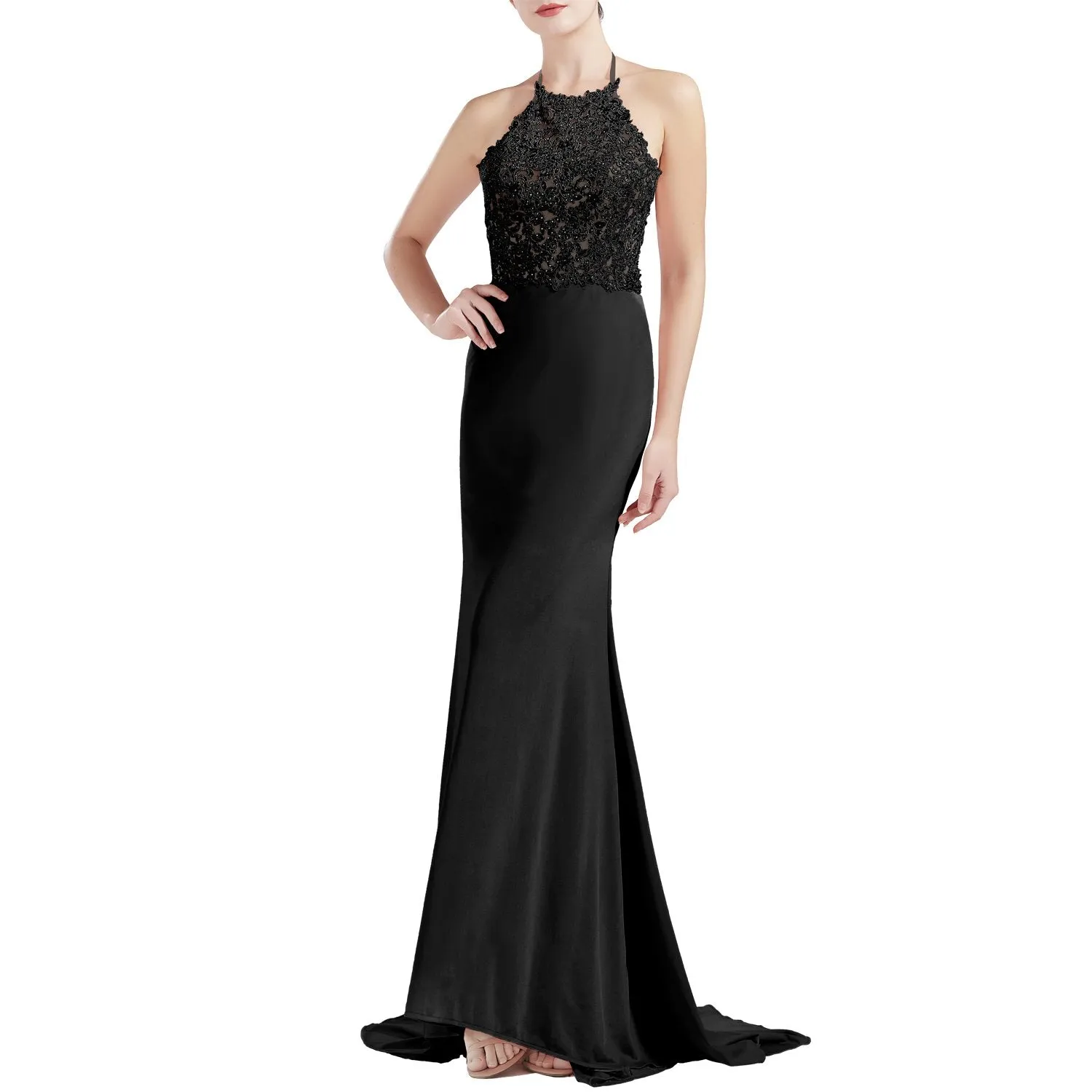 MACloth Women Sleeveless Halter Jersey Mermaid Long Prom Party Dresses Evening