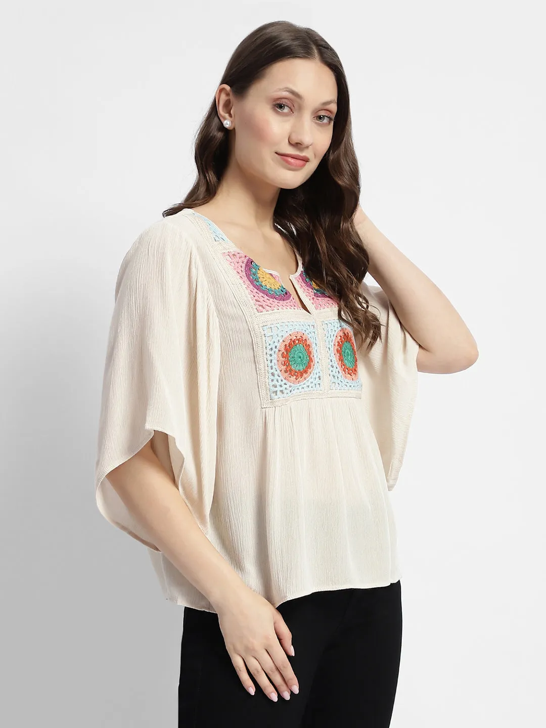 Madame Crochet Embroidered Flared Sleeve Beige Top