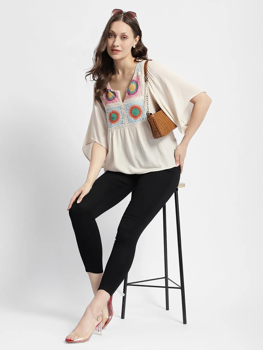 Madame Crochet Embroidered Flared Sleeve Beige Top