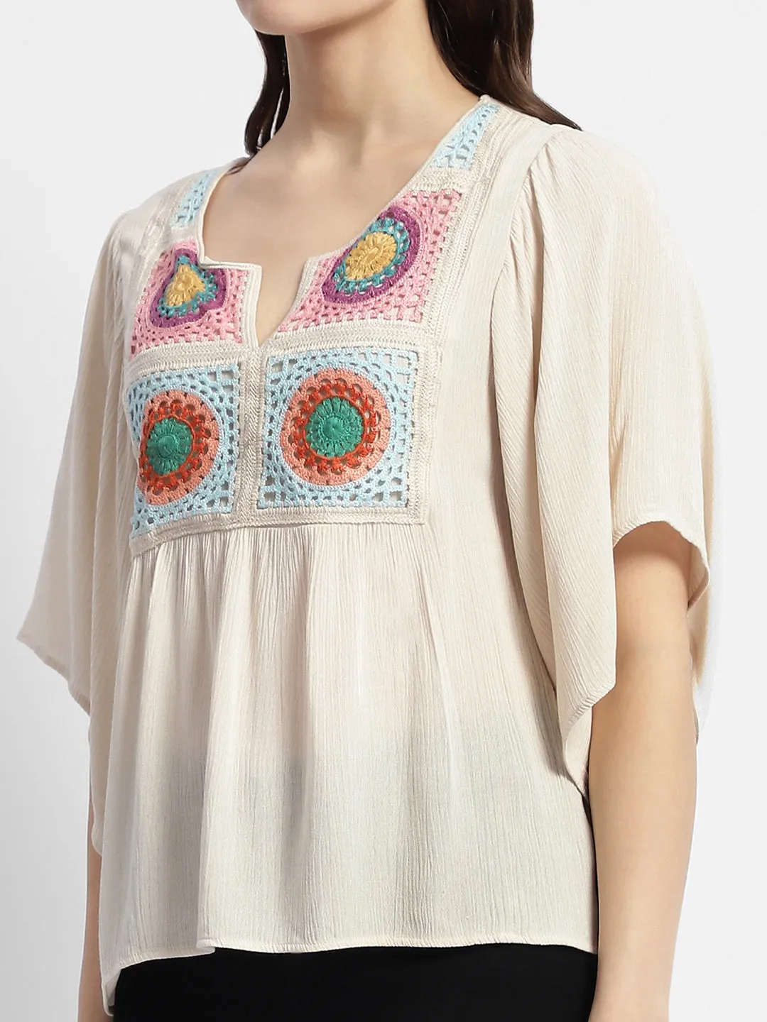 Madame Crochet Embroidered Flared Sleeve Beige Top