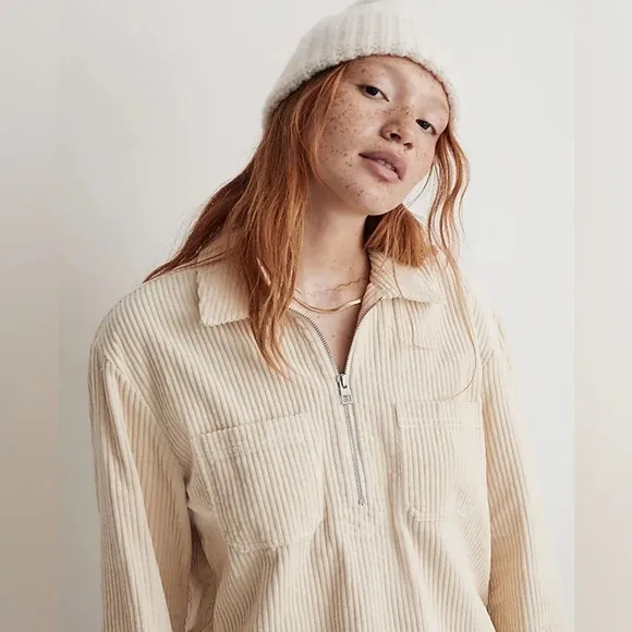 Madewell Corduroy Half-Zip Sweatshirt Cream Alabaster  Popover shirt jacket