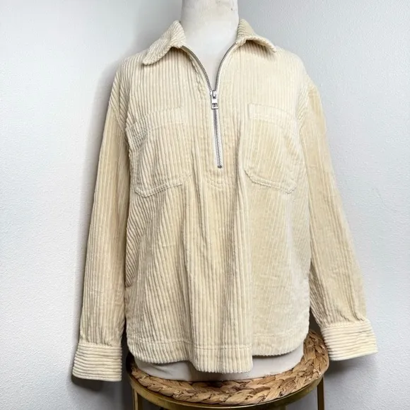 Madewell Corduroy Half-Zip Sweatshirt Cream Alabaster  Popover shirt jacket