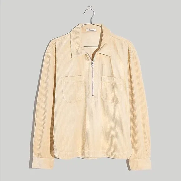 Madewell Corduroy Half-Zip Sweatshirt Cream Alabaster  Popover shirt jacket