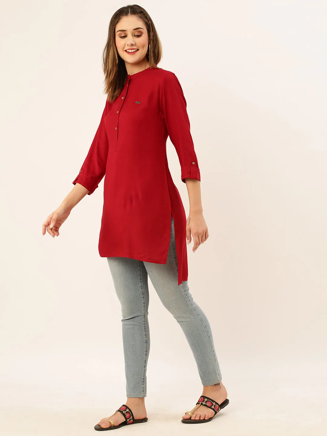 Mandarin Collar Rayon Solid Maroon Straight Tunic For Women - ZOLA