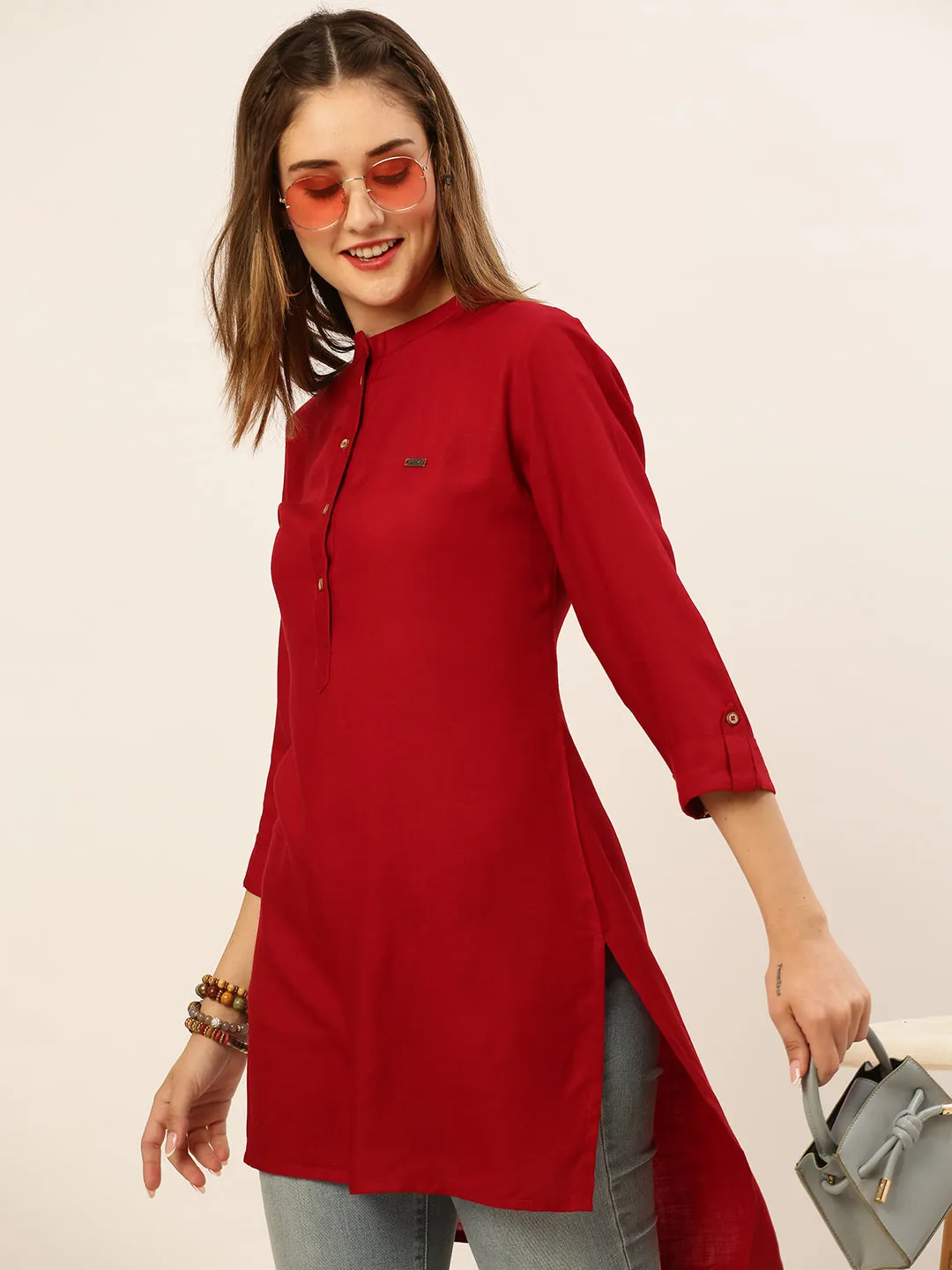 Mandarin Collar Rayon Solid Maroon Straight Tunic For Women - ZOLA