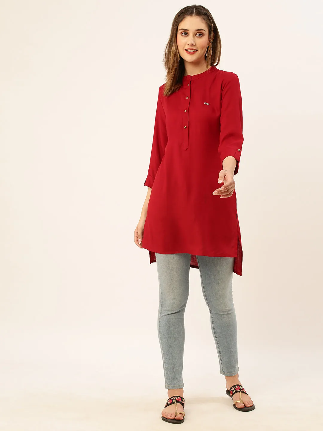 Mandarin Collar Rayon Solid Maroon Straight Tunic For Women - ZOLA