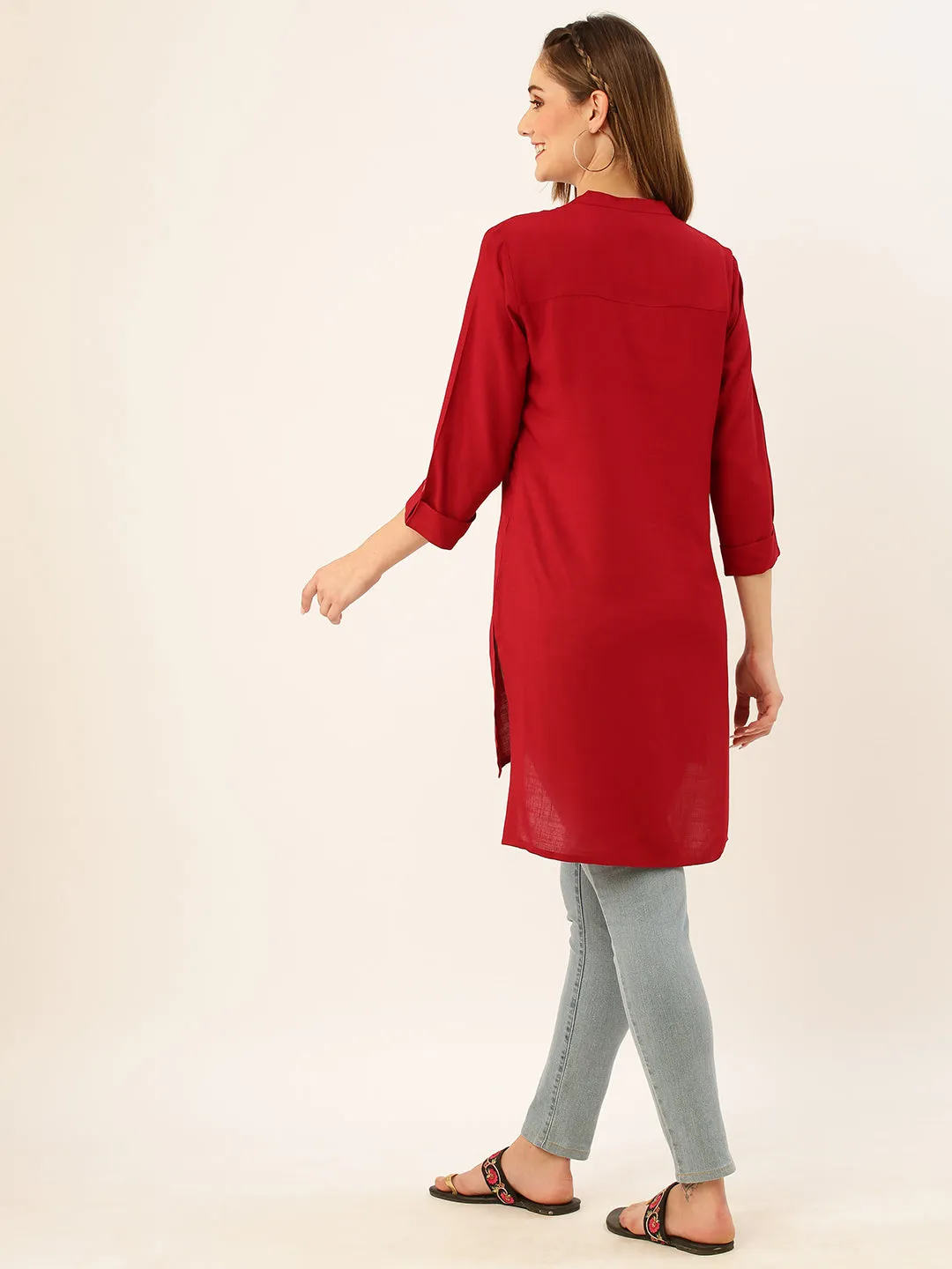 Mandarin Collar Rayon Solid Maroon Straight Tunic For Women - ZOLA