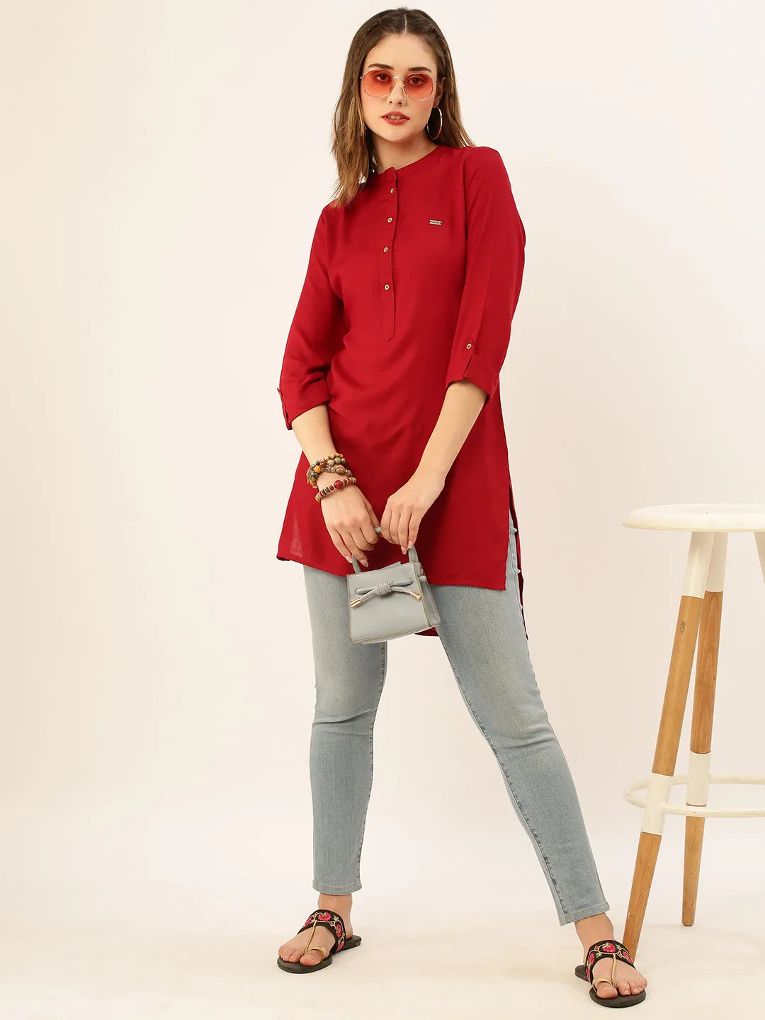 Mandarin Collar Rayon Solid Maroon Straight Tunic For Women - ZOLA