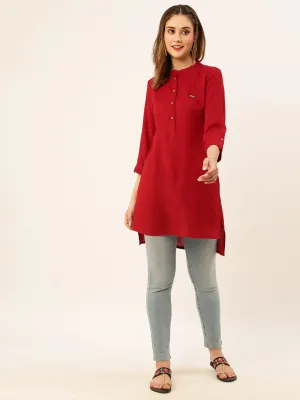 Mandarin Collar Rayon Solid Maroon Straight Tunic For Women - ZOLA