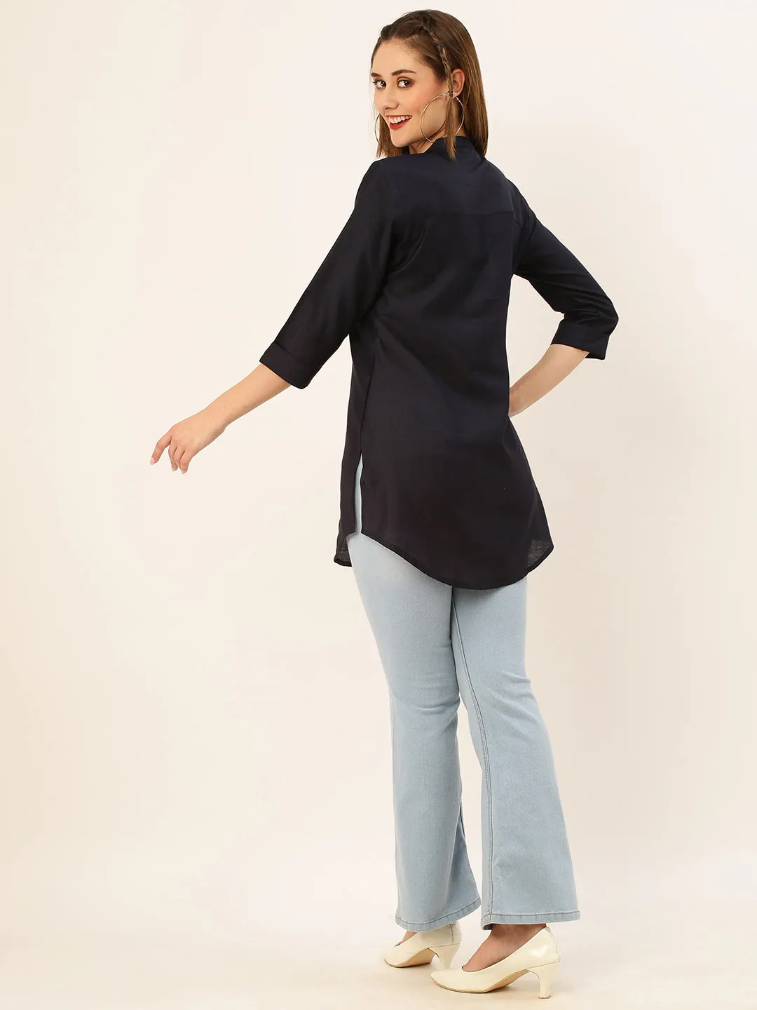 Mandarin Collar Rayon Solid Navy Blue Straight Tunic For Women - ZOLA