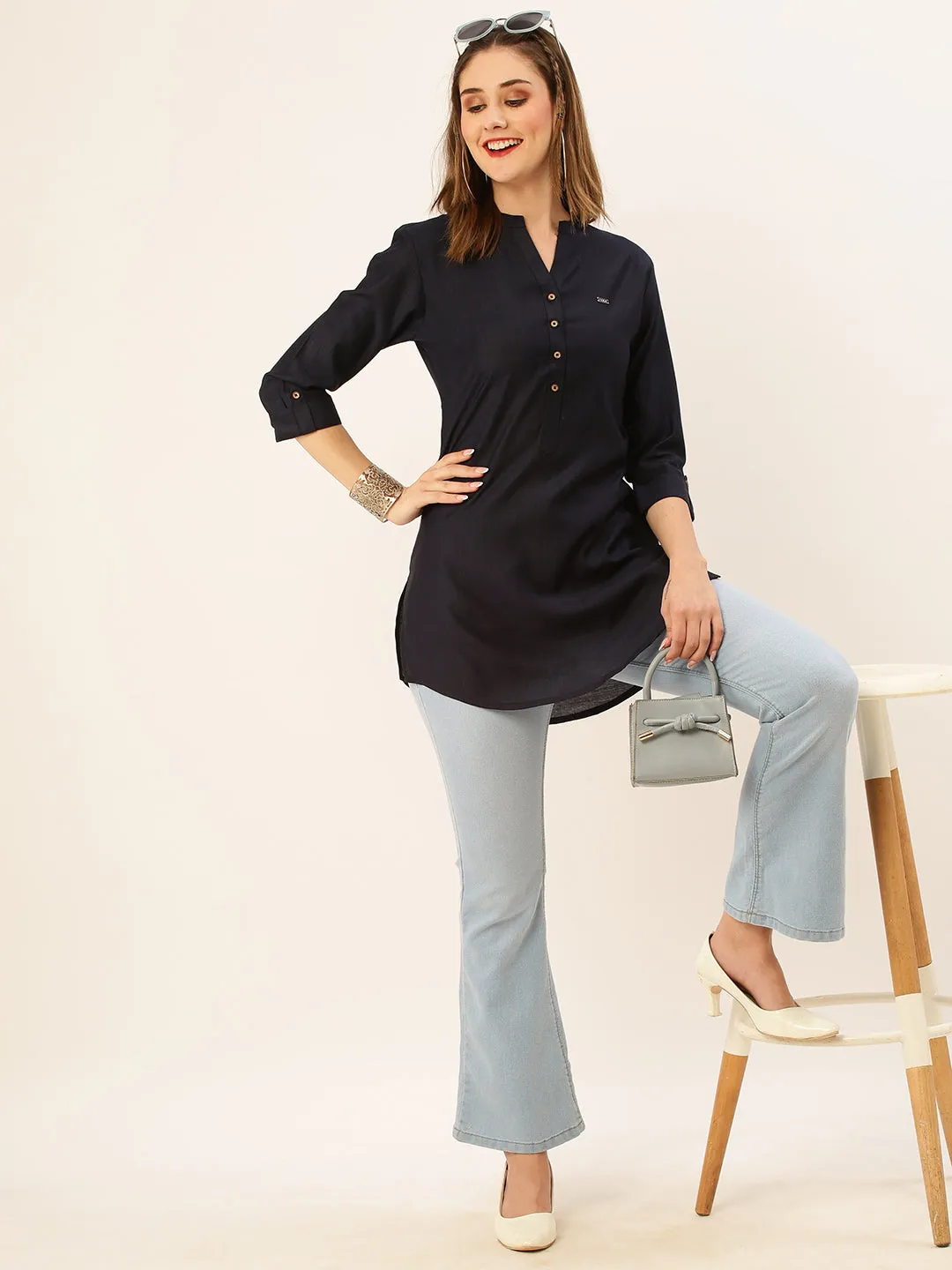Mandarin Collar Rayon Solid Navy Blue Straight Tunic For Women - ZOLA