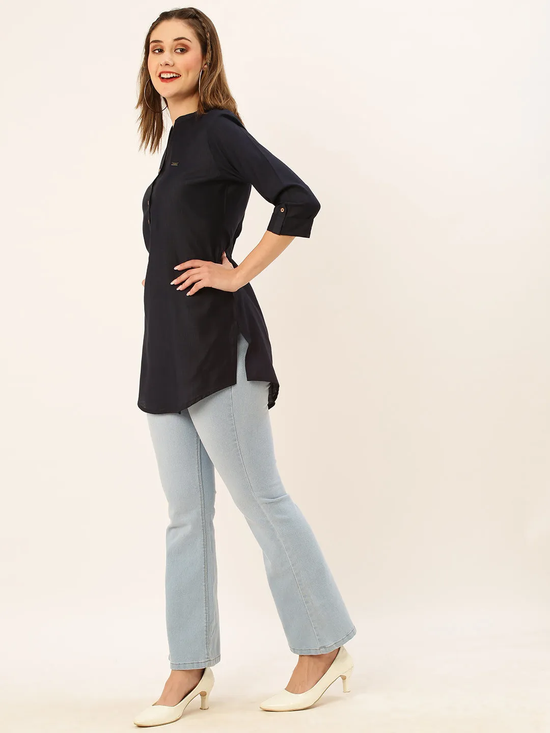 Mandarin Collar Rayon Solid Navy Blue Straight Tunic For Women - ZOLA