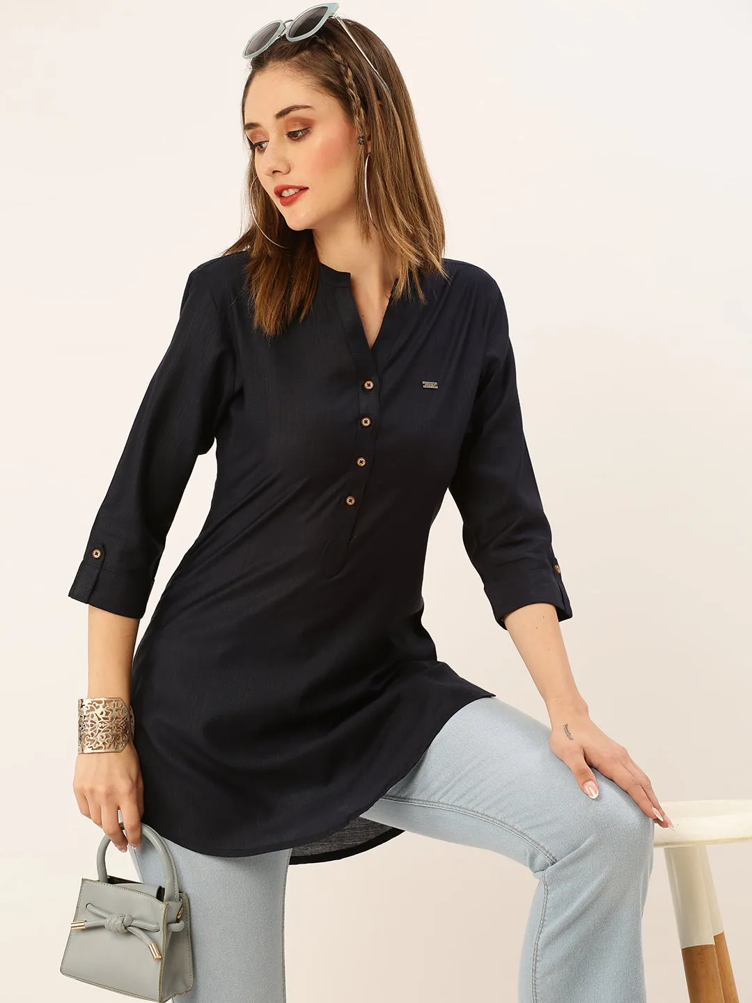 Mandarin Collar Rayon Solid Navy Blue Straight Tunic For Women - ZOLA