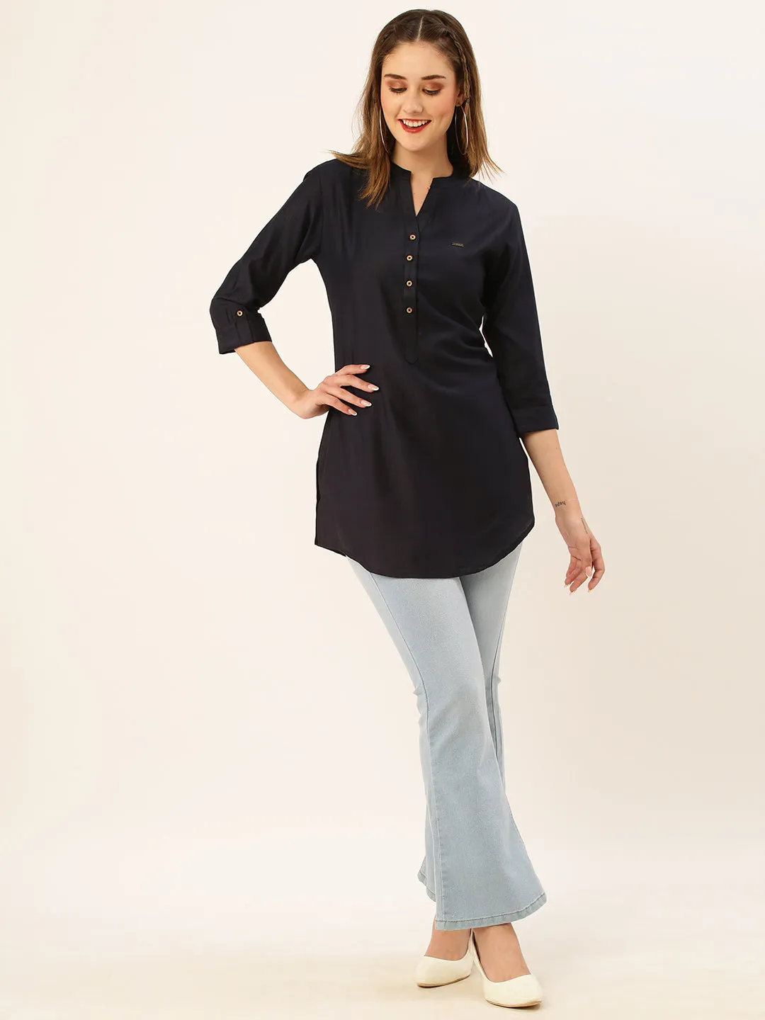 Mandarin Collar Rayon Solid Navy Blue Straight Tunic For Women - ZOLA