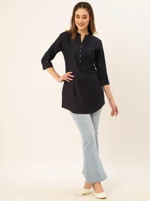 Mandarin Collar Rayon Solid Navy Blue Straight Tunic For Women - ZOLA