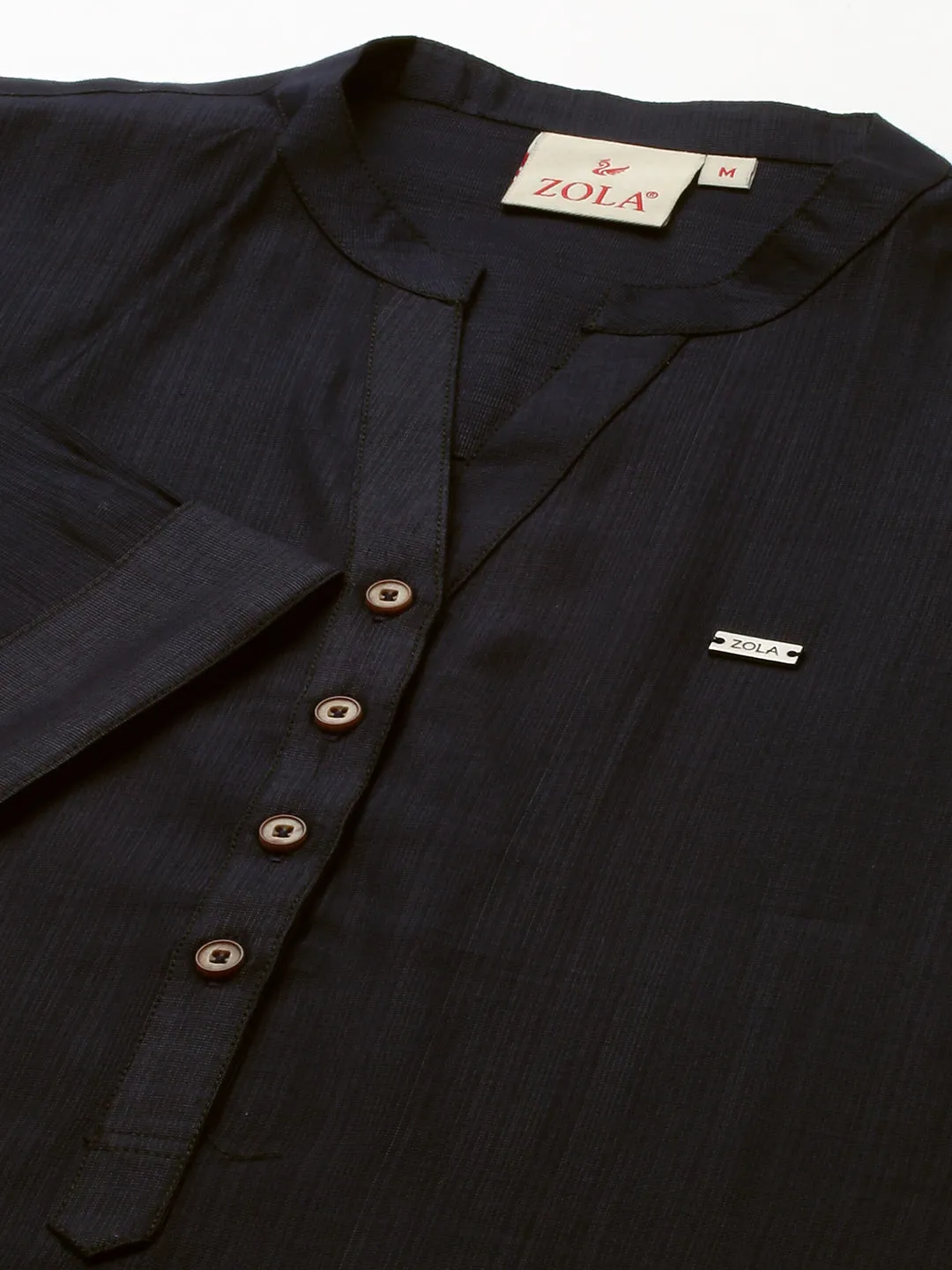 Mandarin Collar Rayon Solid Navy Blue Straight Tunic For Women - ZOLA