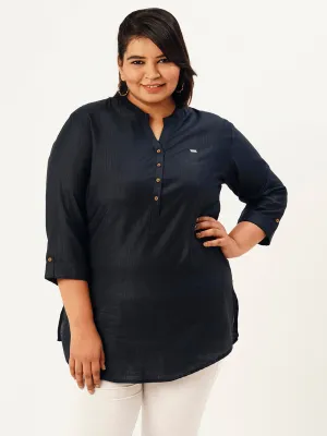 Mandarin Collar Rayon Solid NavyBlue Straight Tunic For Women - ZOLA