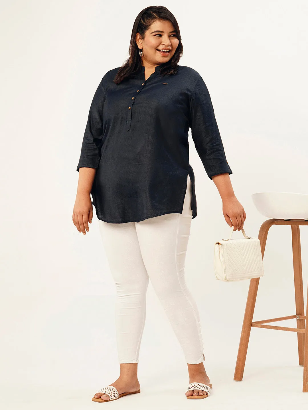 Mandarin Collar Rayon Solid NavyBlue Straight Tunic For Women - ZOLA