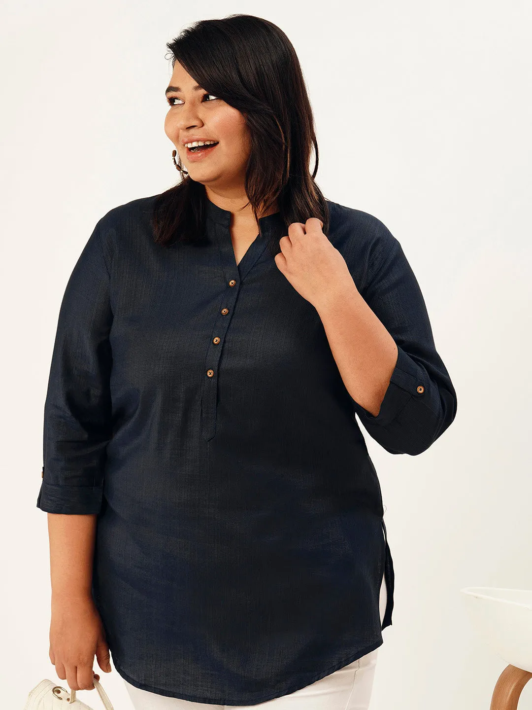 Mandarin Collar Rayon Solid NavyBlue Straight Tunic For Women - ZOLA