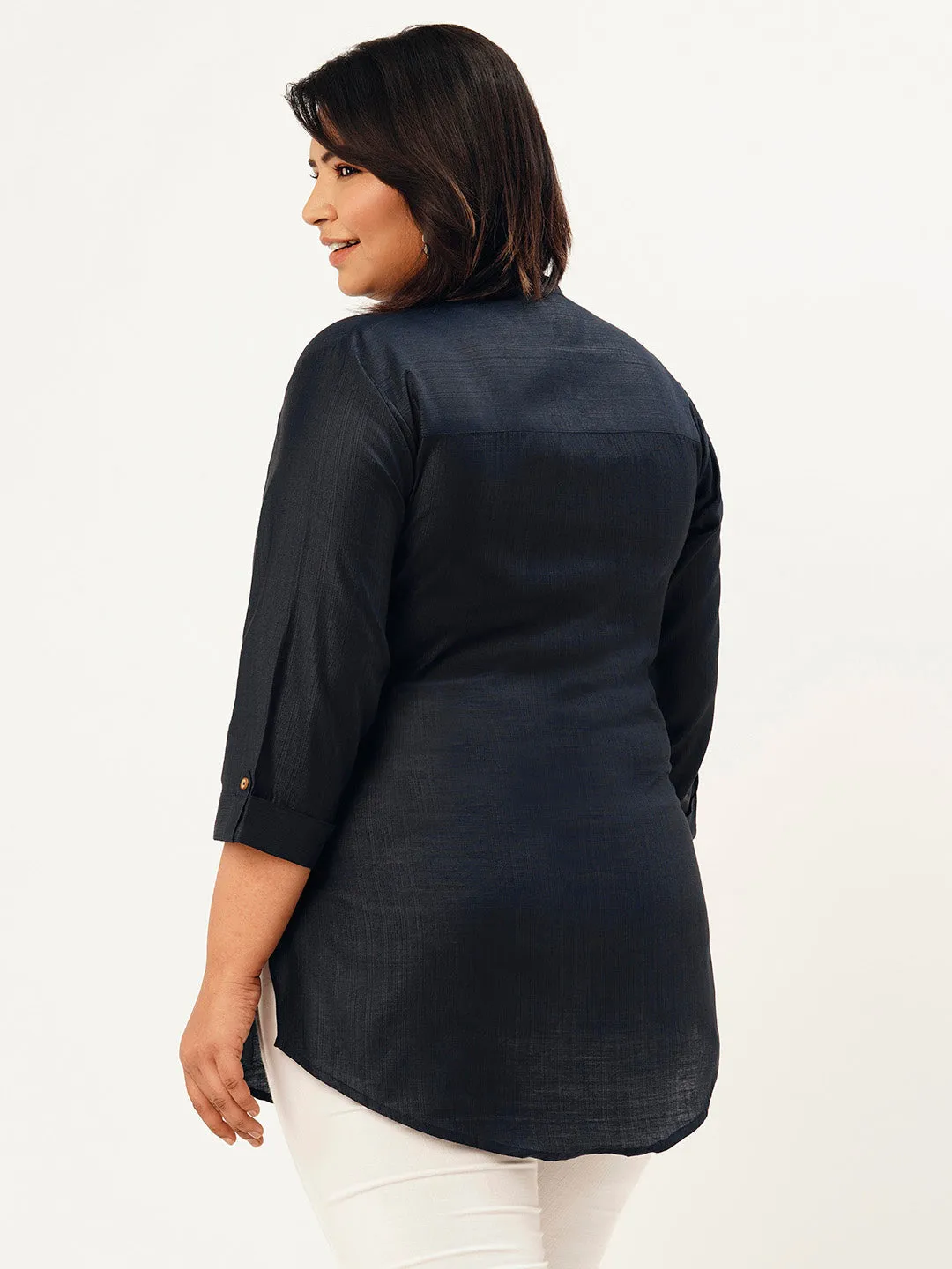 Mandarin Collar Rayon Solid NavyBlue Straight Tunic For Women - ZOLA