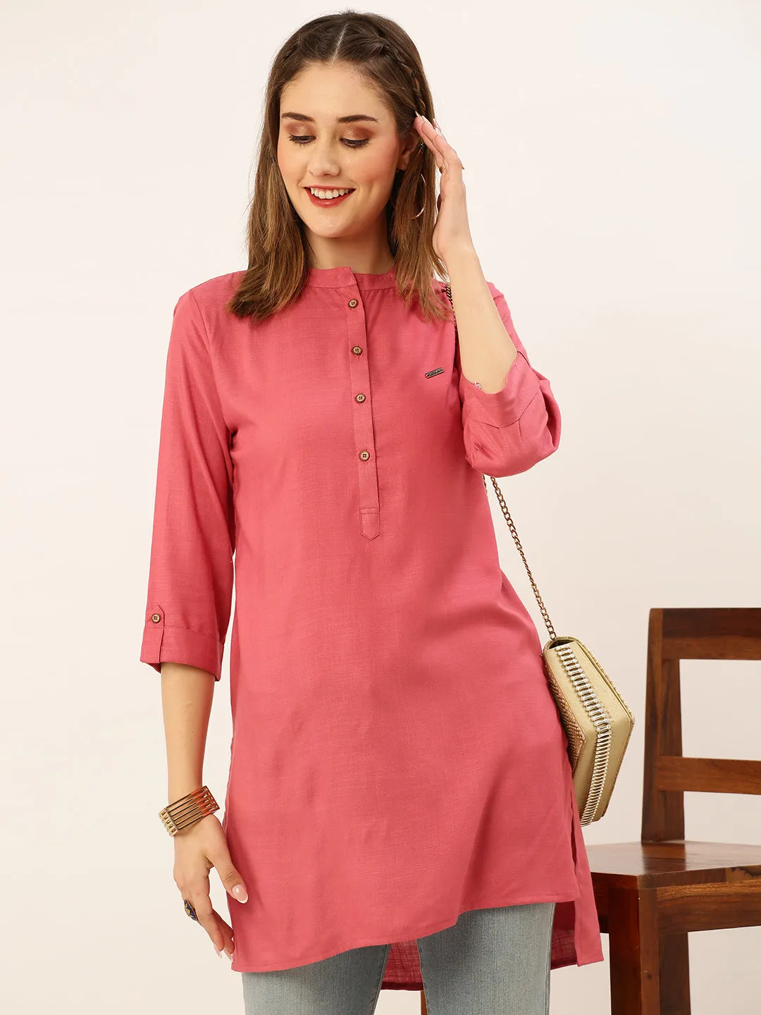 Mandarin Collar Rayon Solid Onion Straight Tunic For Women - ZOLA