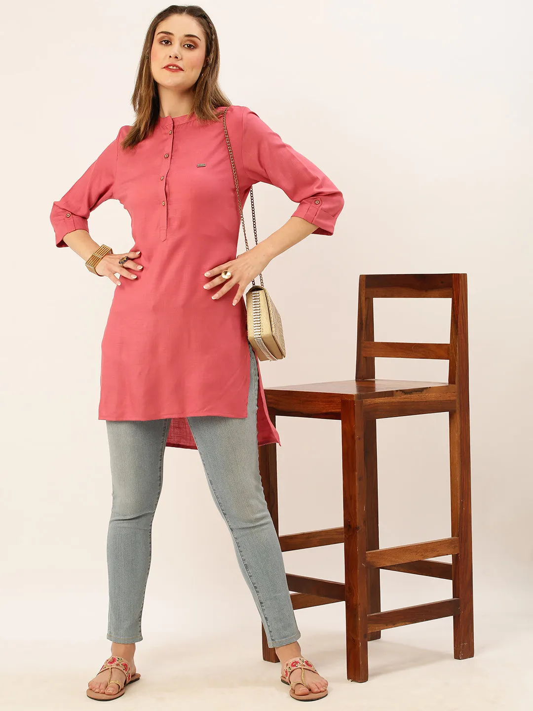 Mandarin Collar Rayon Solid Onion Straight Tunic For Women - ZOLA