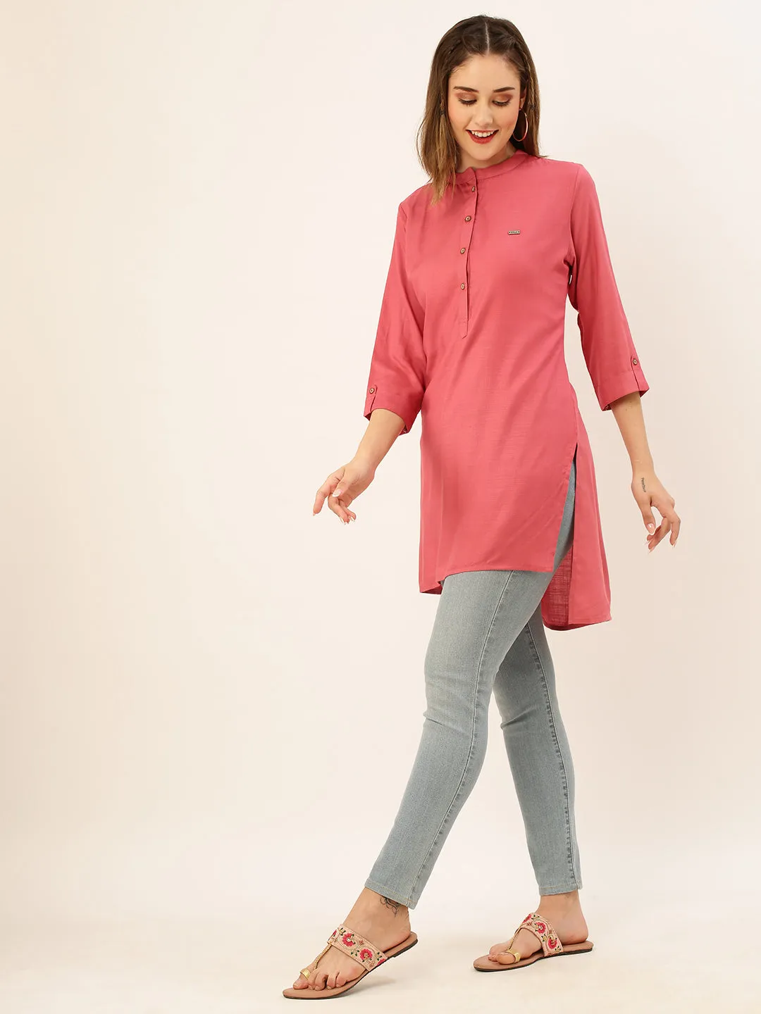 Mandarin Collar Rayon Solid Onion Straight Tunic For Women - ZOLA
