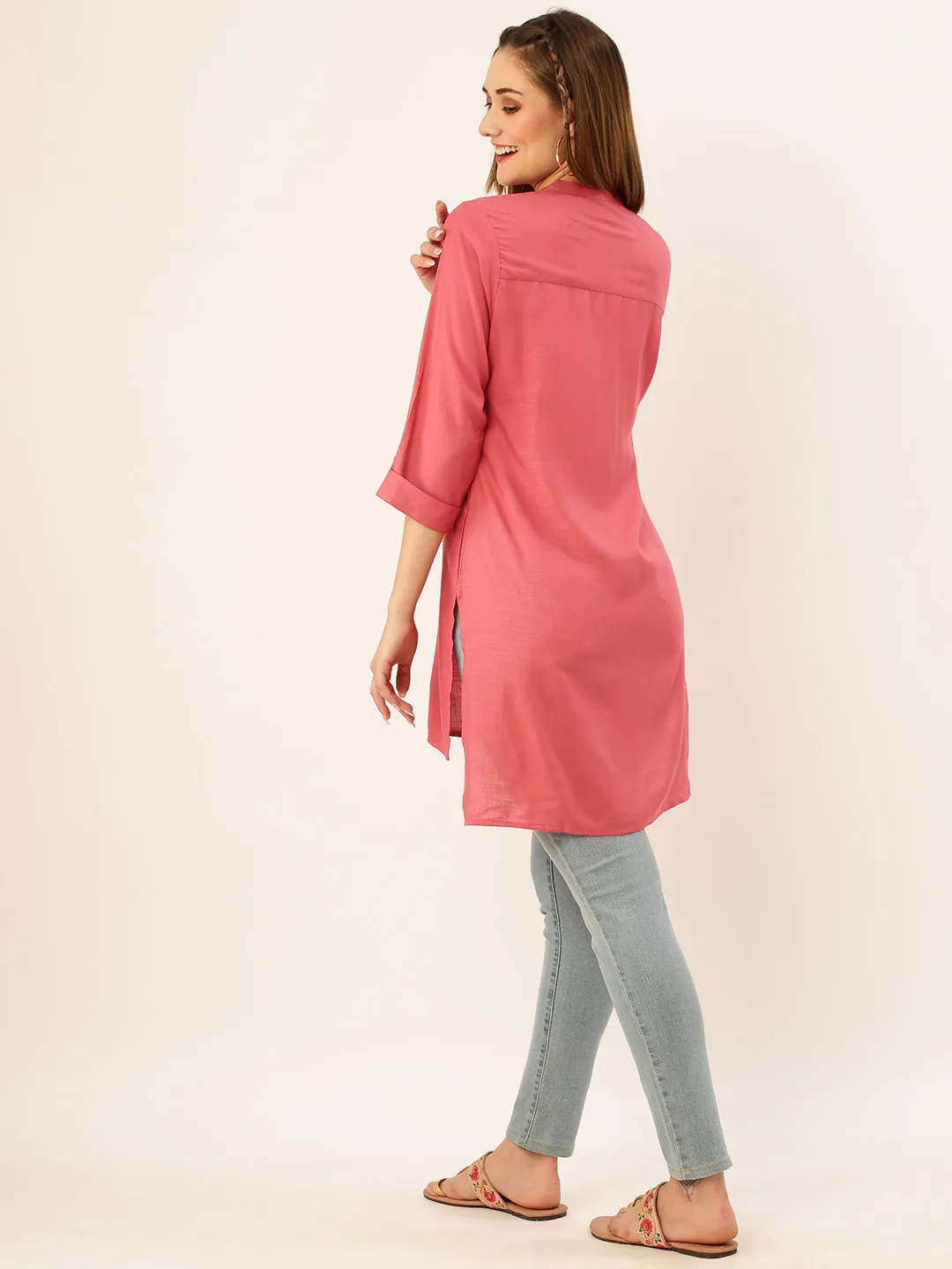 Mandarin Collar Rayon Solid Onion Straight Tunic For Women - ZOLA