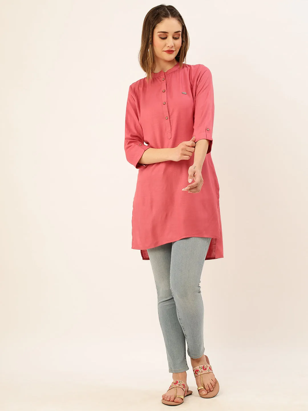 Mandarin Collar Rayon Solid Onion Straight Tunic For Women - ZOLA