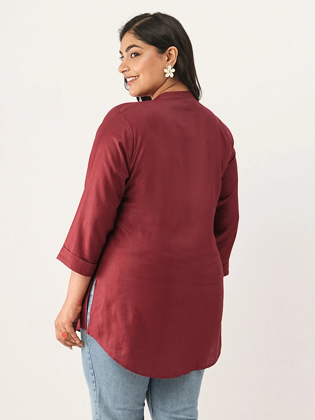 Maroon Comfort Fit Rayon Tunics for Women Online India Hip Length Straight - Zola