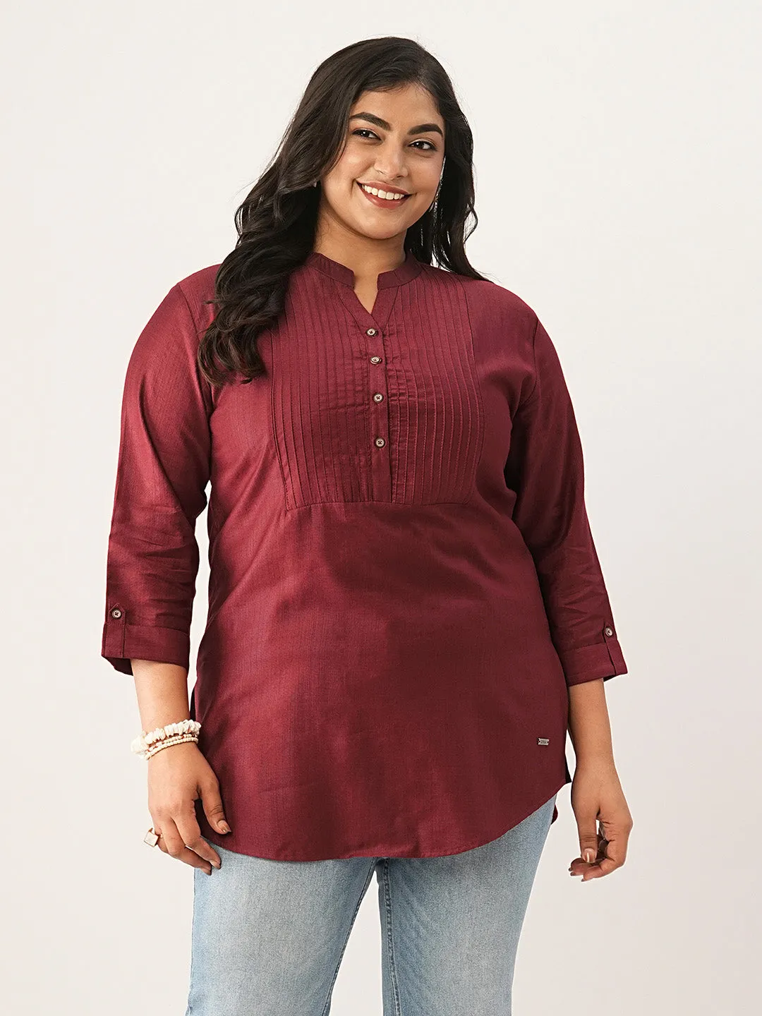 Maroon Comfort Fit Rayon Tunics for Women Online India Hip Length Straight - Zola