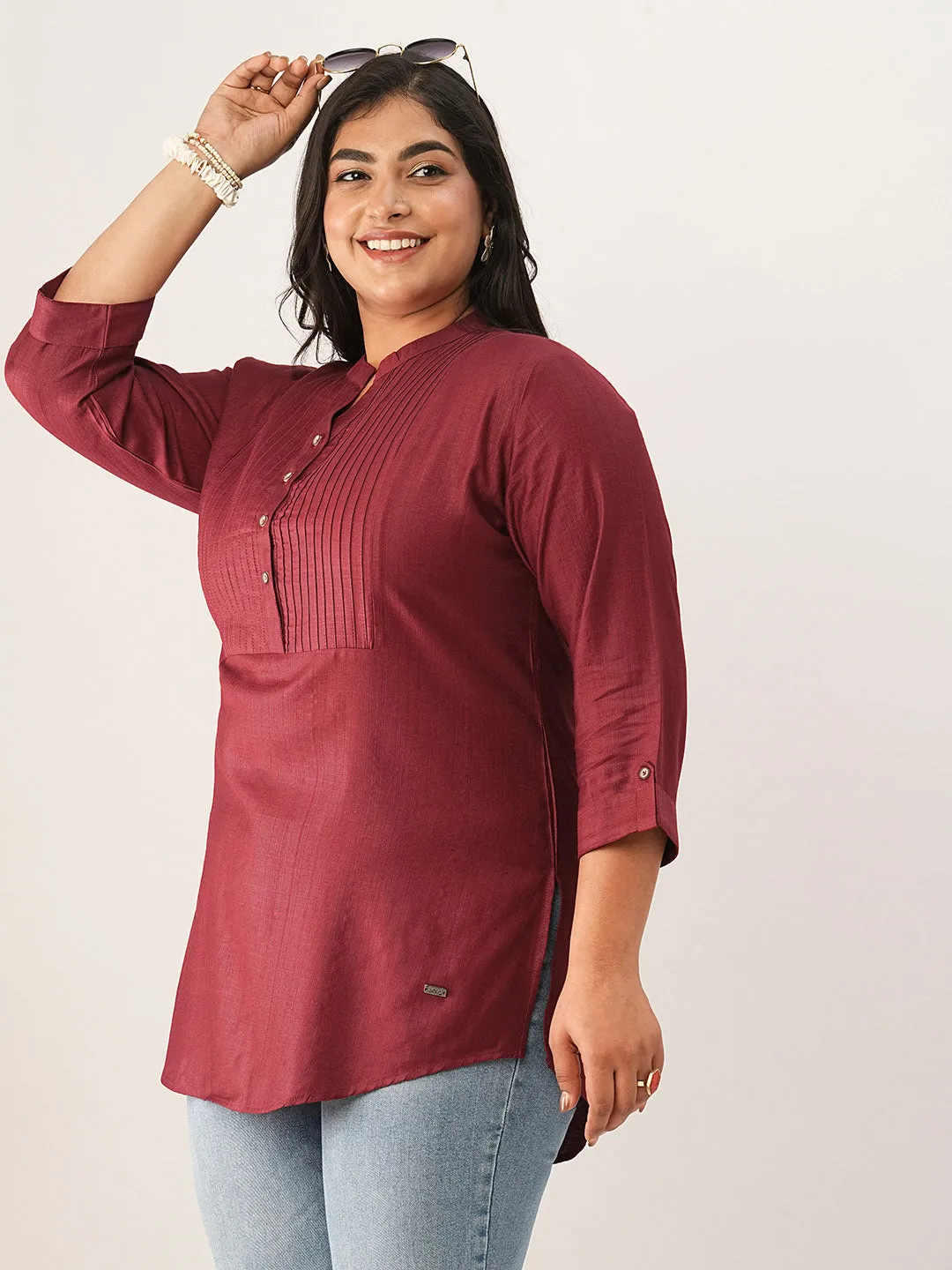 Maroon Comfort Fit Rayon Tunics for Women Online India Hip Length Straight - Zola