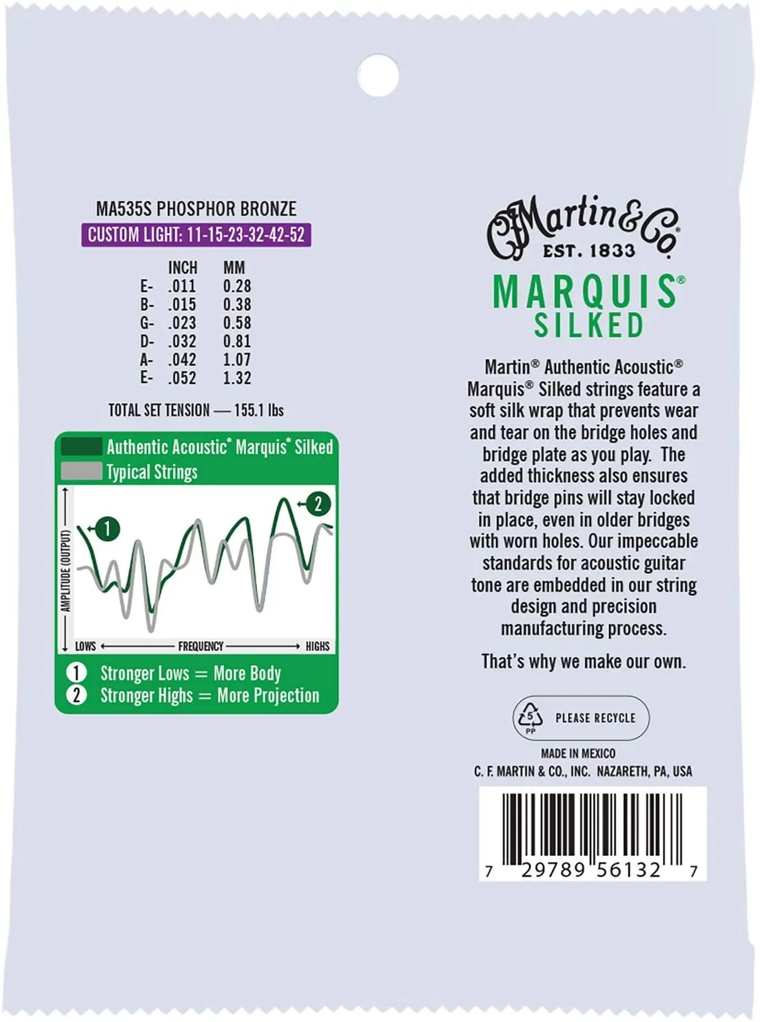 MARTIN MA535S CUSTOM LIGHT 11 - 52 PHOSPHOR BRONZE AUTHENTIC ACOUSTIC MARQUIS® SILKED GUITAR STRINGS