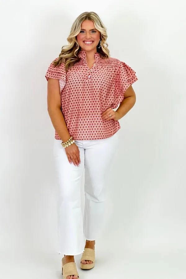 Mauve Printed Flutter Sleeve Top
