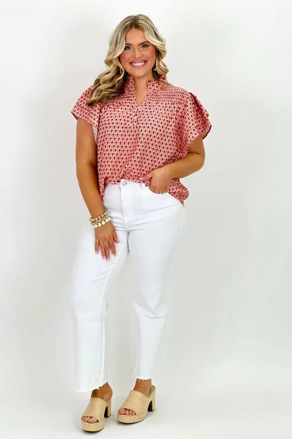 Mauve Printed Flutter Sleeve Top