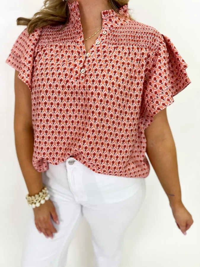 Mauve Printed Flutter Sleeve Top