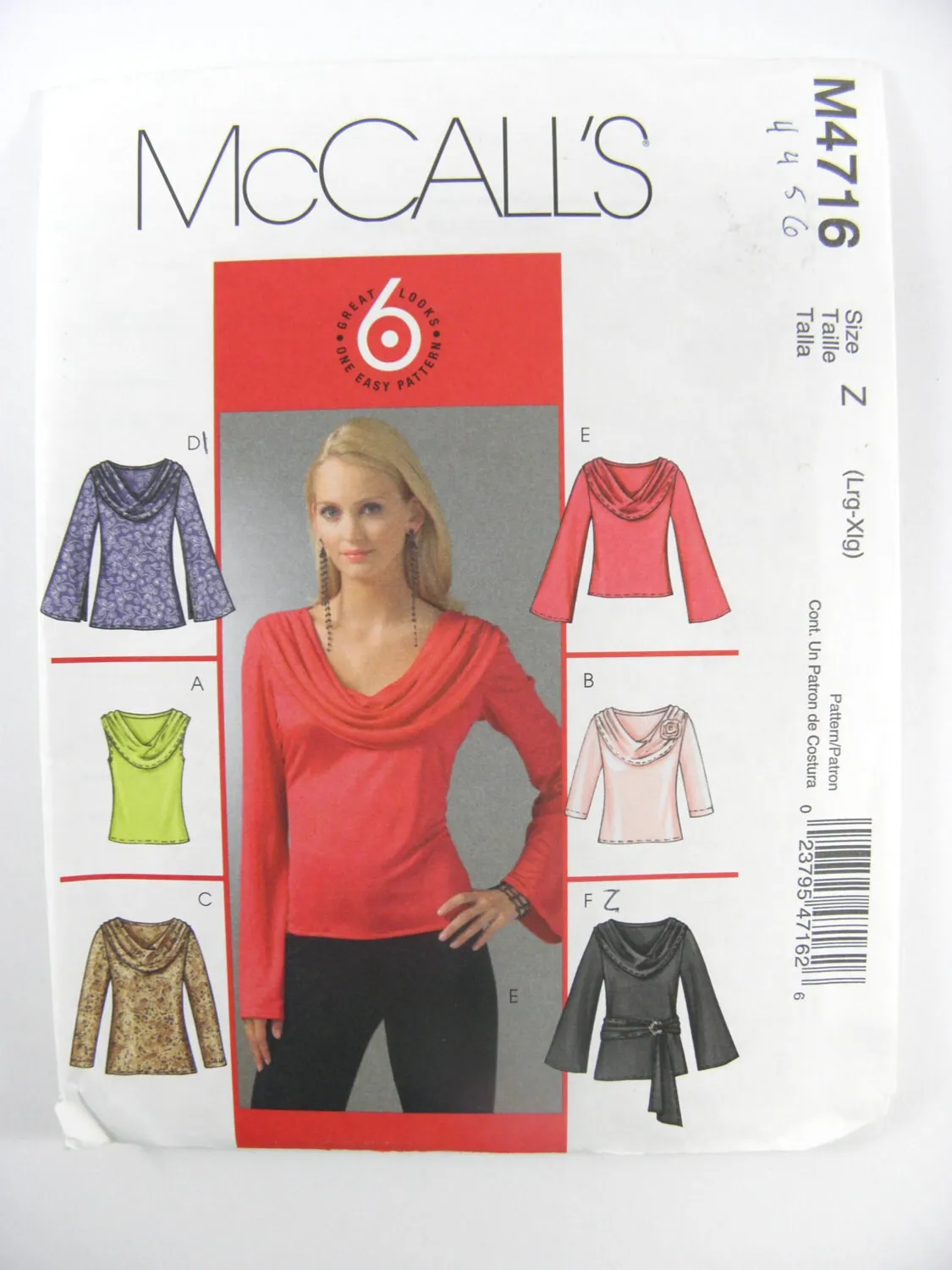McCall's 4716 Close Fitting Tops and Tunics with Cowl Collar, Sleeve Variations, Flower and Sash, Uncut, Factory Folded Plus Size 16-22