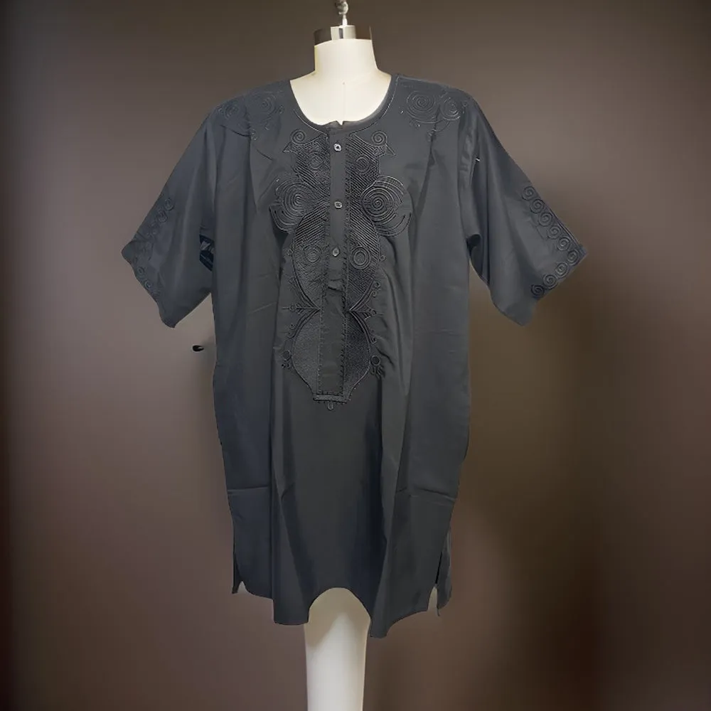 Men's African Solid Black Embroidered Color Dashiki Top