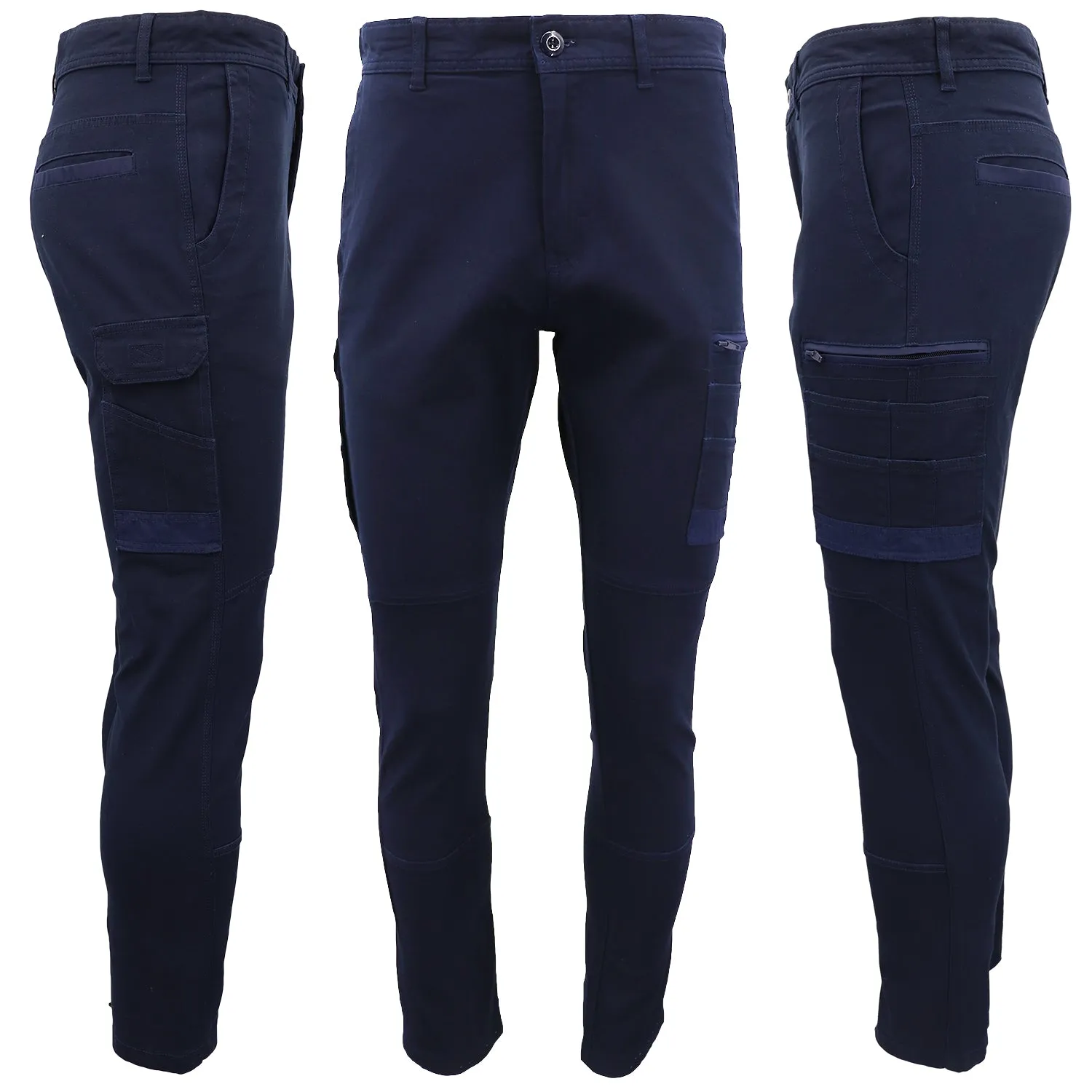 Men's Cotton Drill Cargo Work Pants UPF 50  13 Pockets Tradies Workwear Trousers, Navy, 36