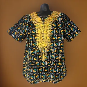 Men's Green/Black/Gold African Print Embroidered Dashiki Shirt