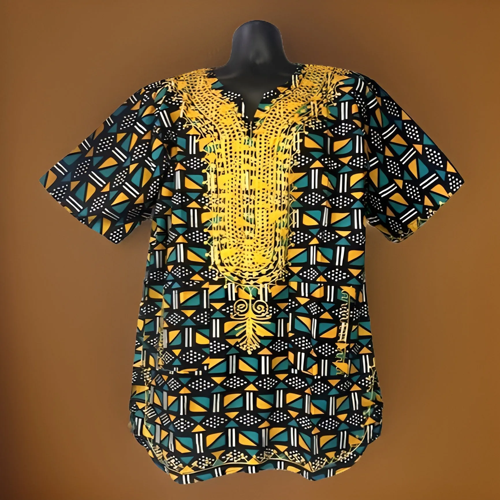 Men's Green/Black/Gold African Print Embroidered Dashiki Shirt