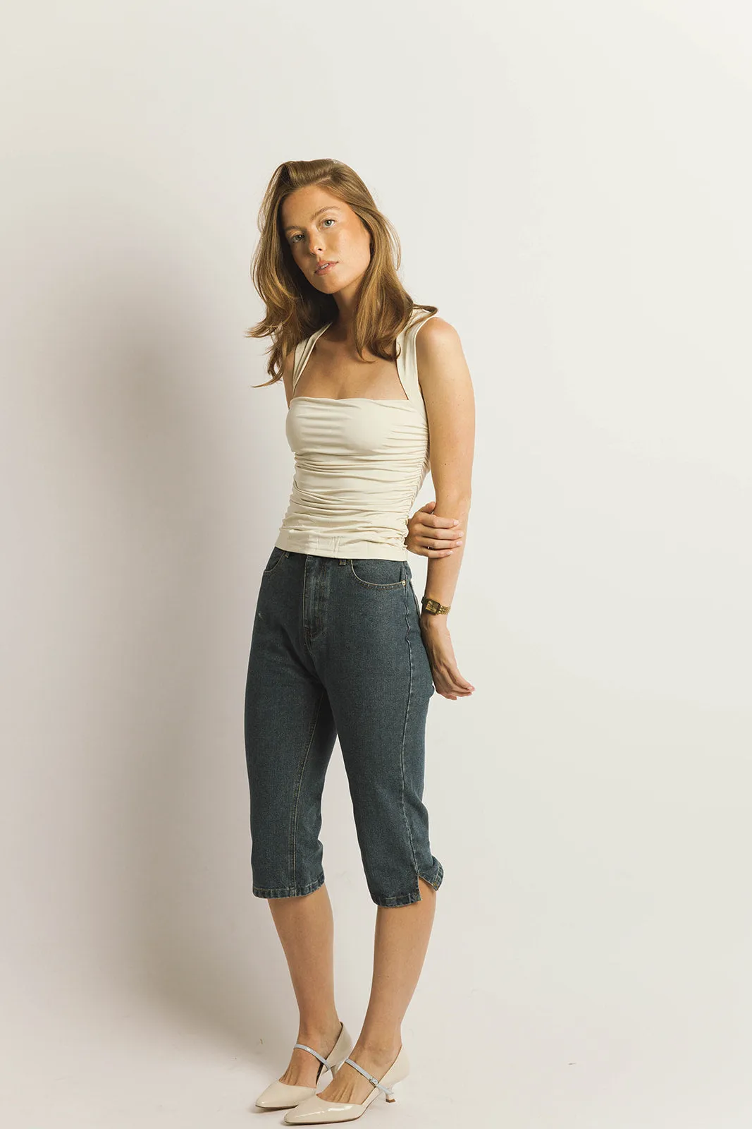 Mid Rise Denim Capris