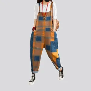Mixed patterns stylish baggy women's denim bib