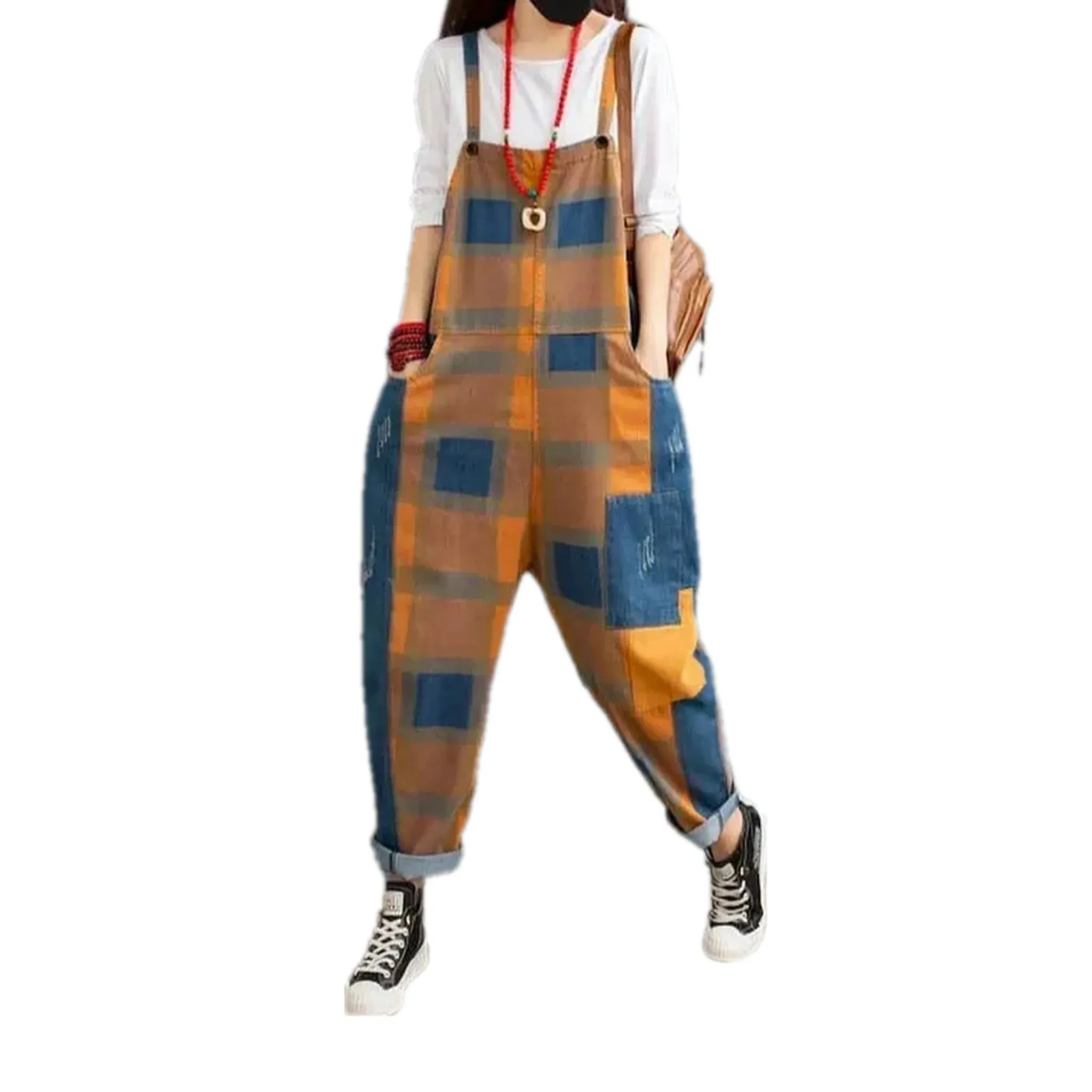 Mixed patterns stylish baggy women's denim bib