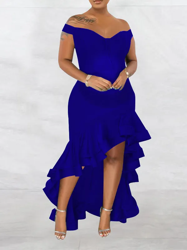 Momnfancy Off Shoulder Ruffle Zipper Side Slit Mermaid Bodycon Party Gown Baby Shower Plus Size Maternity Maxi Dress