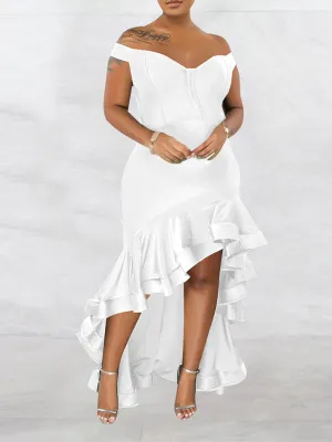 Momnfancy Off Shoulder Ruffle Zipper Side Slit Mermaid Bodycon Party Gown Baby Shower Plus Size Maternity Maxi Dress