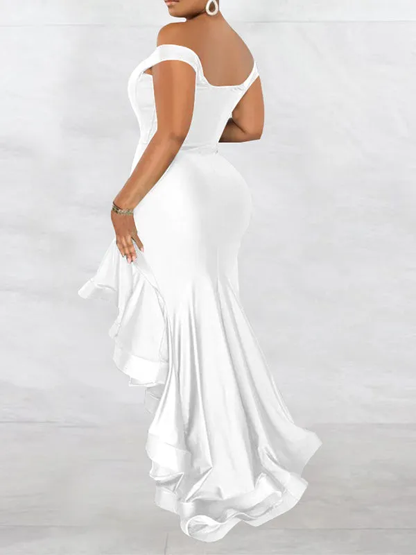 Momnfancy Off Shoulder Ruffle Zipper Side Slit Mermaid Bodycon Party Gown Baby Shower Plus Size Maternity Maxi Dress