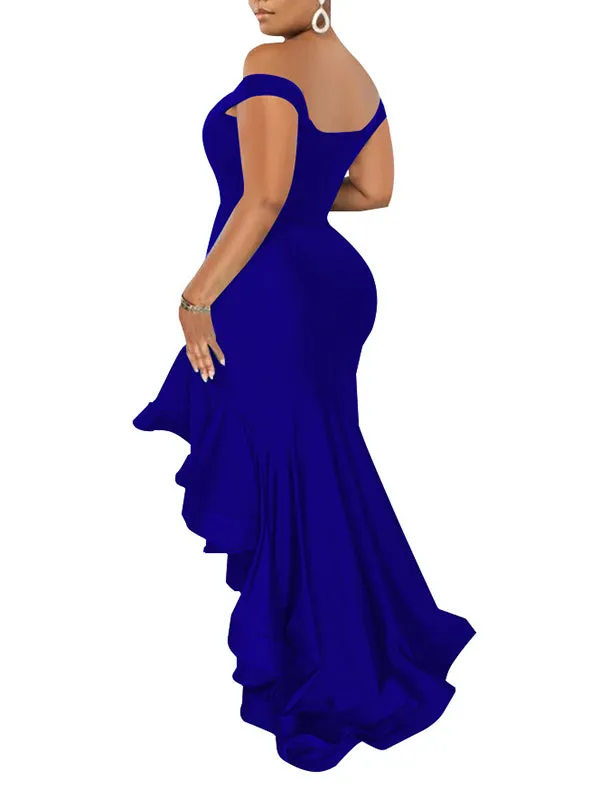 Momnfancy Off Shoulder Ruffle Zipper Side Slit Mermaid Bodycon Party Gown Baby Shower Plus Size Maternity Maxi Dress