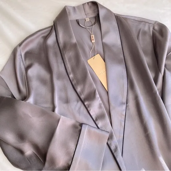 MULBERRY SILK WRAP PAJAMA TOP LONG SLEEVE BED JACKET Pewter Gray XL
